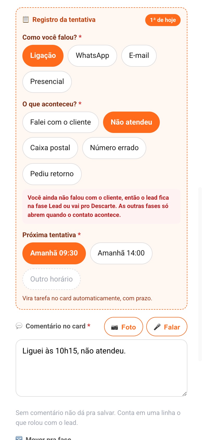 Card Rápido: registro da tentativa