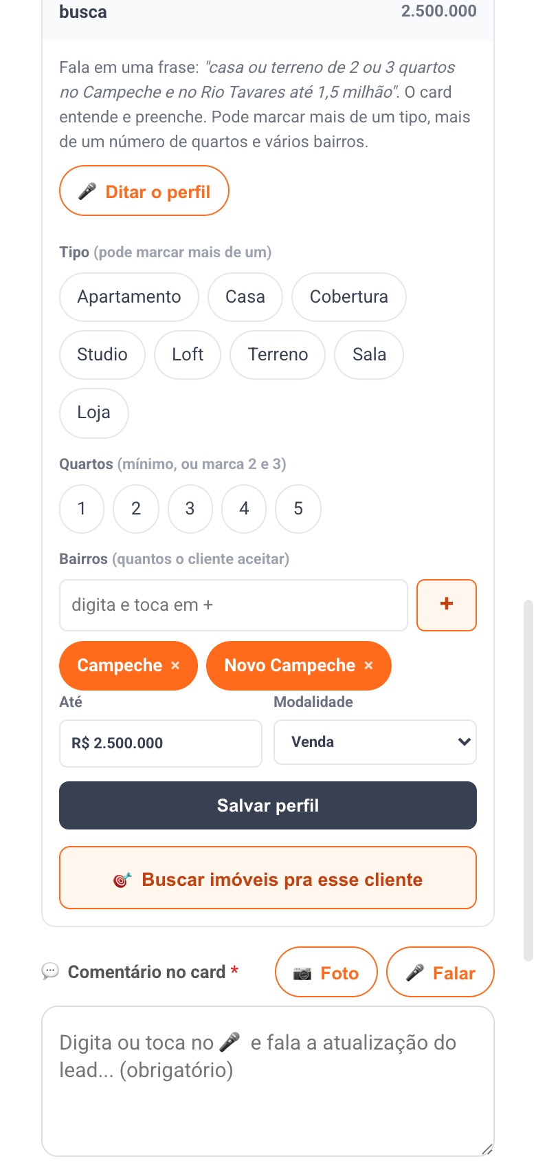 Card Rápido: perfil de busca