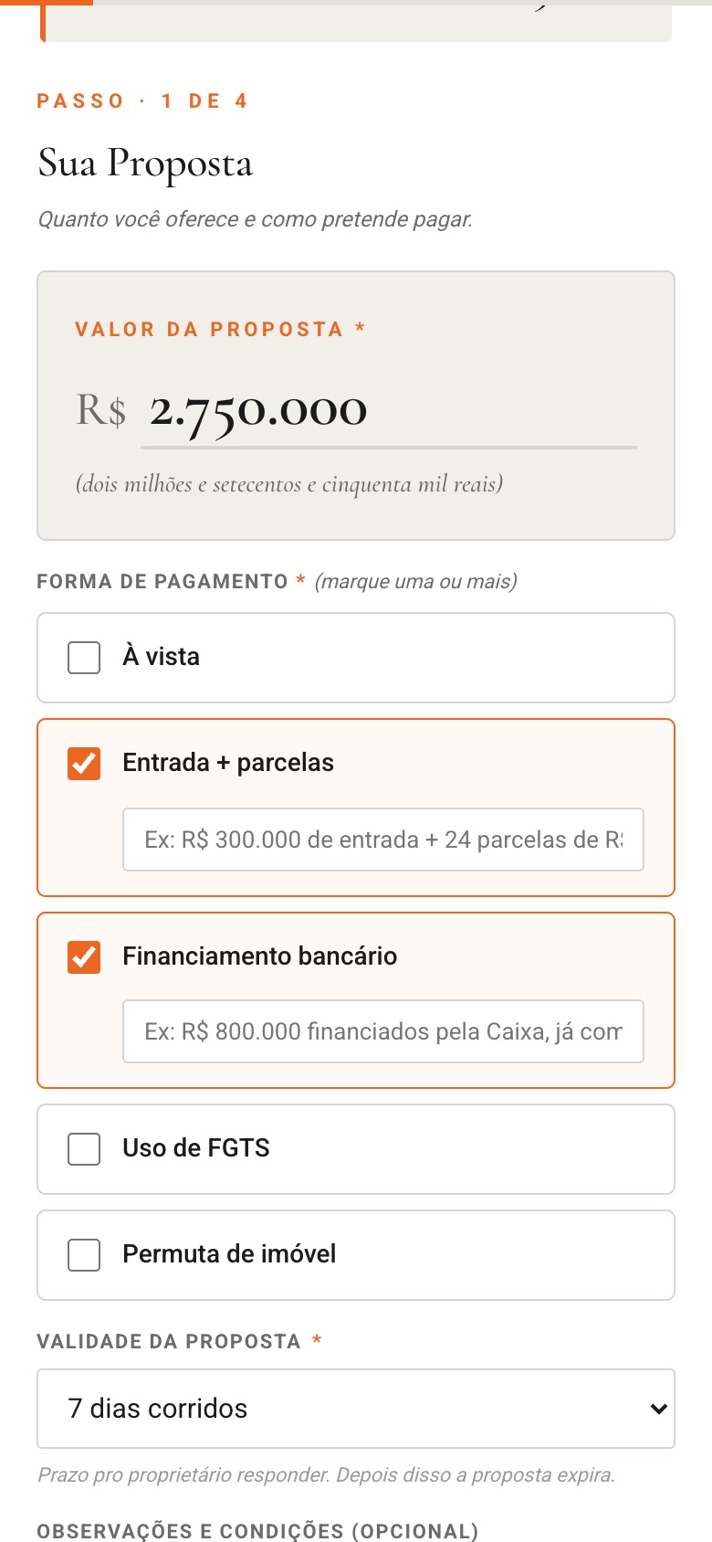 Proposta digital: valor e formas de pagamento
