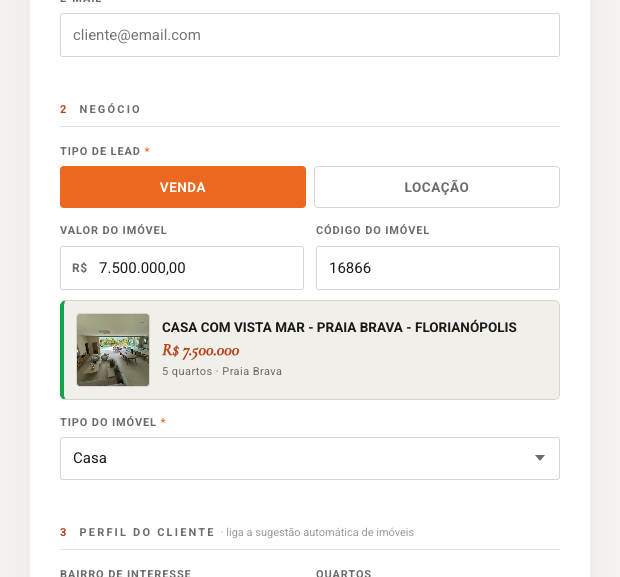 Código do imóvel enriquece o formulário